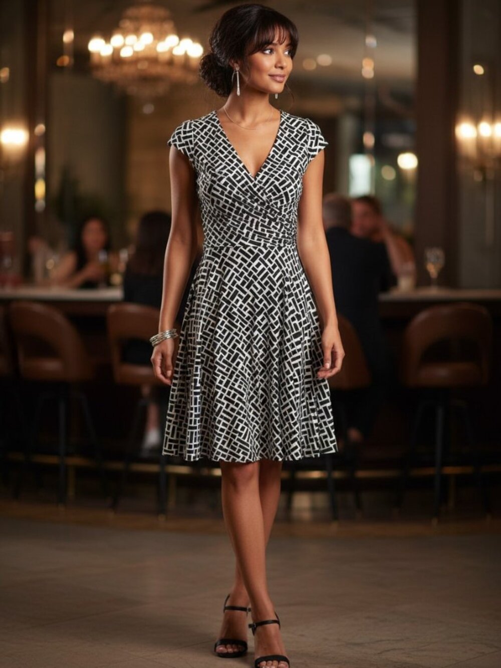 White House Black Market Wrap Dress Womens 6 Black White Geometric Excellent